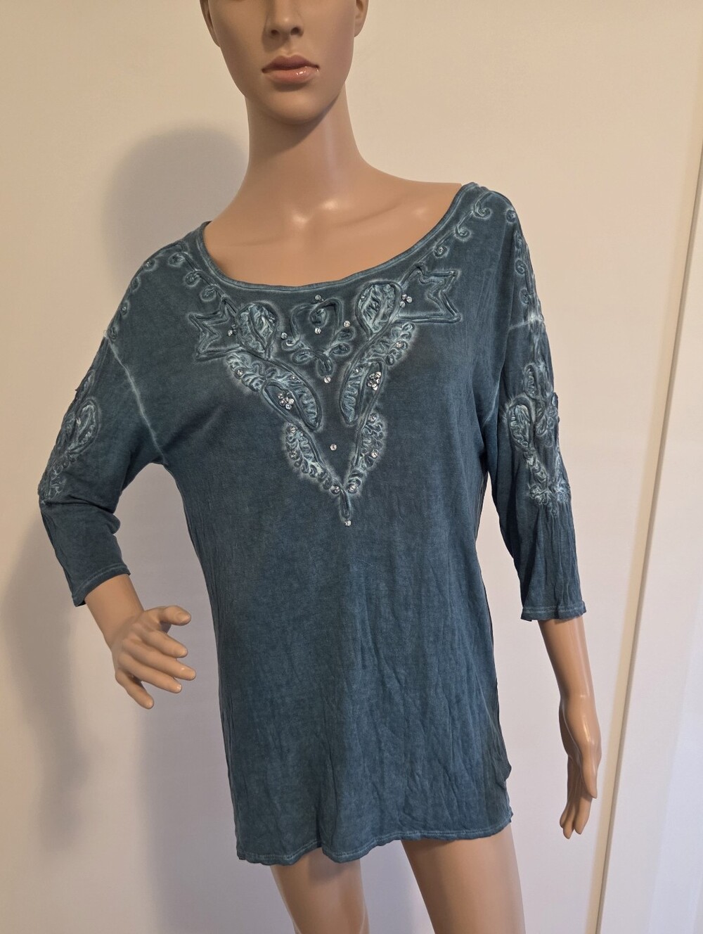 Free People Mineral-Washed Teal Hue Embellished Tunic Top